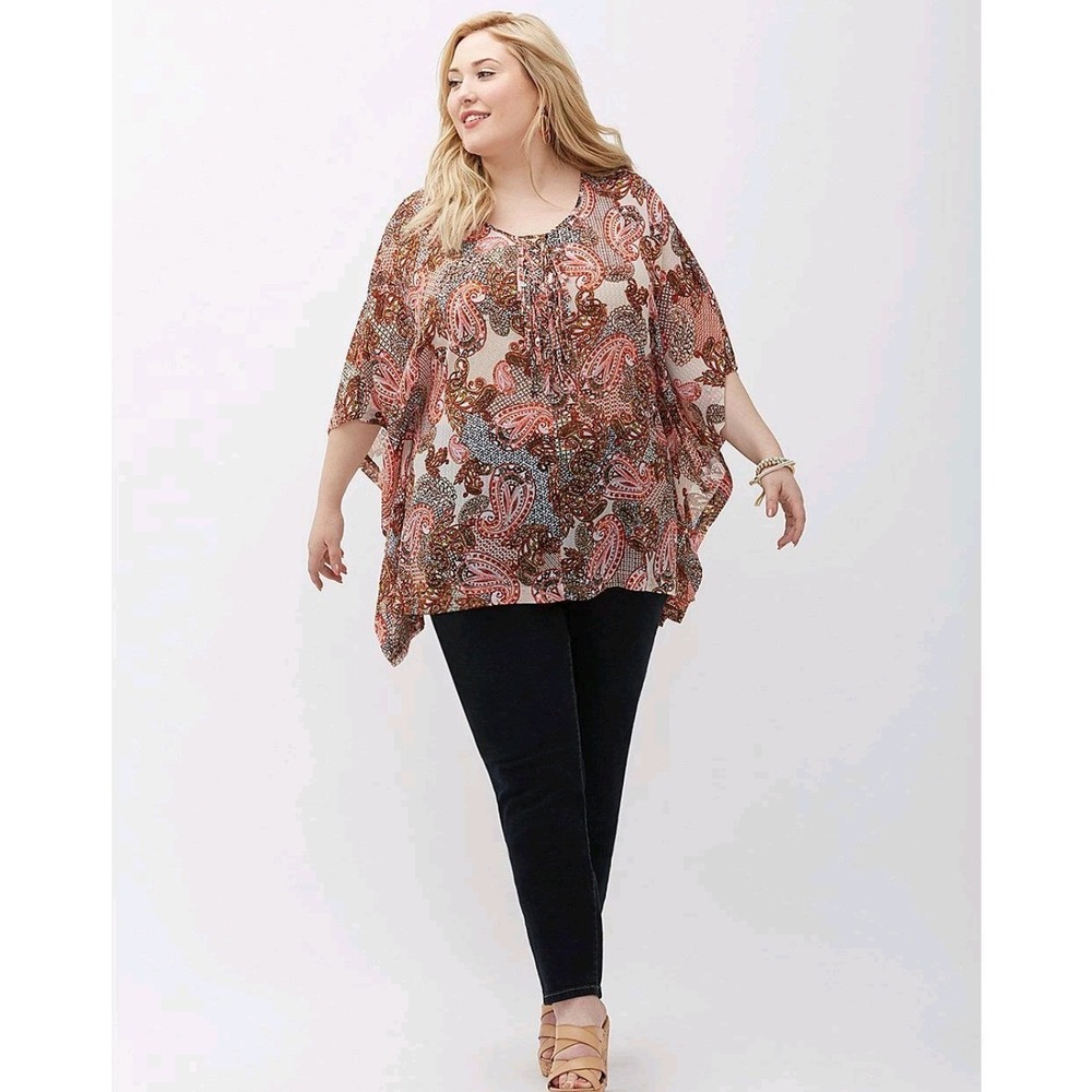 Lane Bryant Sheer Kimono Blouse 26/28 Paisley‎ Boho Artsy Tunic V Neck Chiffon